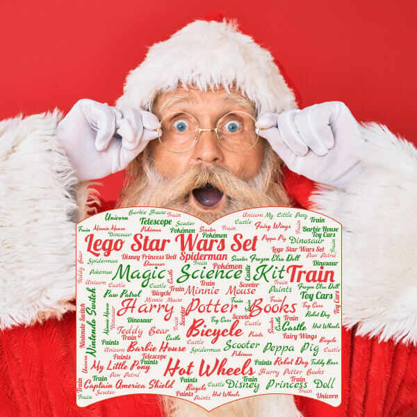 Santa, wide-eyed and astonished, lifts his glasses while reading a word cloud listing a child's many wishes, arranged in a word cloud - like Bicycle, Lego Star Wars Set, Harry Potter Books, Train, Teddy Bear, and Disney Princess Doll.