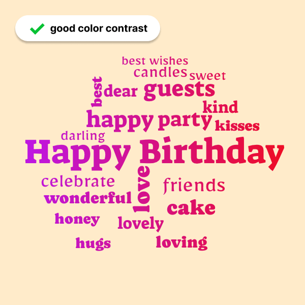 A Happy Birthday word cloud with high color contrast between text and background